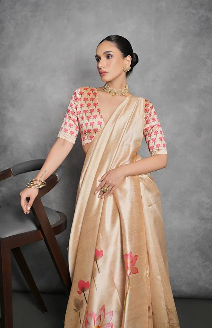 Beige printed with zari woven small border