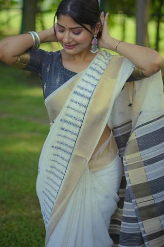 Off White Embroidered Linen Saree with Blouse