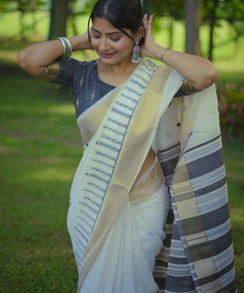 Off White Embroidered Linen Saree with Blouse
