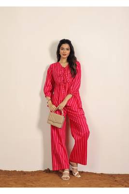 Red and pink stripes textile print work cotton co-ord sets 1