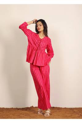 Red and pink stripes textile print work cotton co-ord sets 5