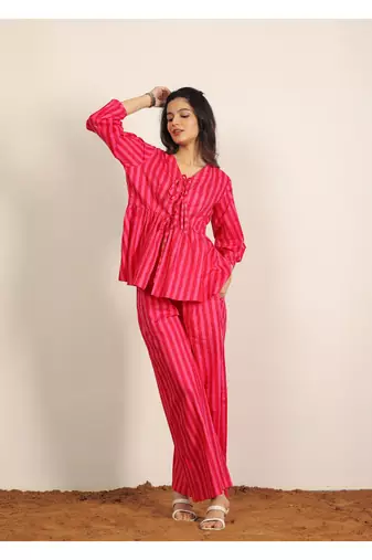 Red and pink stripes textile print work cotton co-ord sets