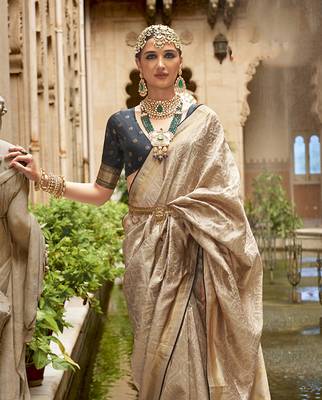 Cream Banarasi silk blend Jacquard Saree 3