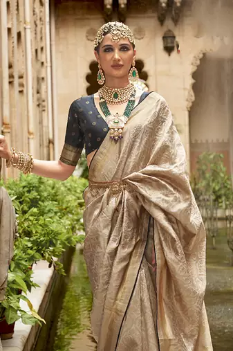 Cream Banarasi silk blend Jacquard Saree