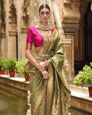 Jacquard Olive Banarasi silk blend  Saree 3