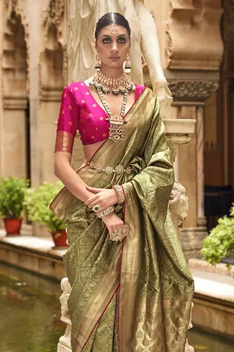 Jacquard Olive Banarasi silk blend  Saree