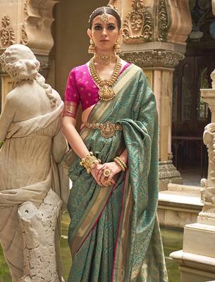 Banarasi silk blend Jacquard Saree In Teal Green 3