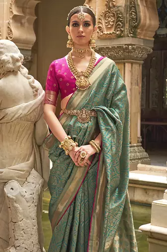 Banarasi silk blend Jacquard Saree In Teal Green