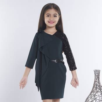 Green girls cotton bow sequined ruffled bodycon dress 1