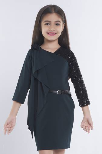 Green girls cotton bow sequined ruffled bodycon dress