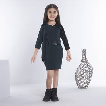 Green girls cotton bow sequined ruffled bodycon dress 3
