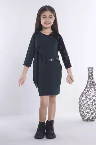 Green girls cotton bow sequined ruffled bodycon dress