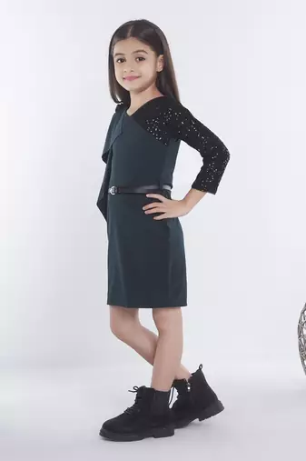 Green girls cotton bow sequined ruffled bodycon dress
