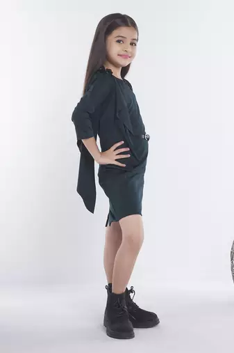 Green girls cotton bow sequined ruffled bodycon dress