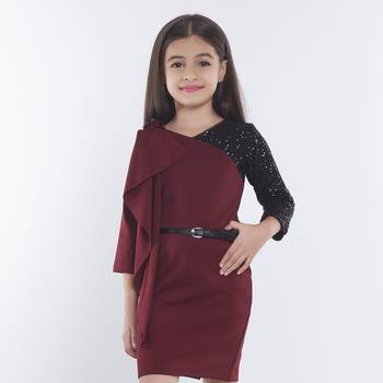Maroon girls cotton bow sequined ruffled bodycon dress 1