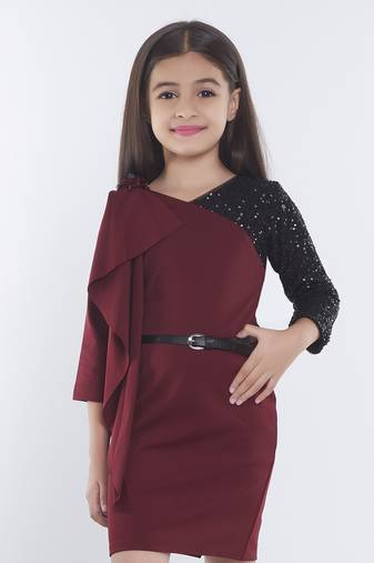 Maroon girls cotton bow sequined ruffled bodycon dress