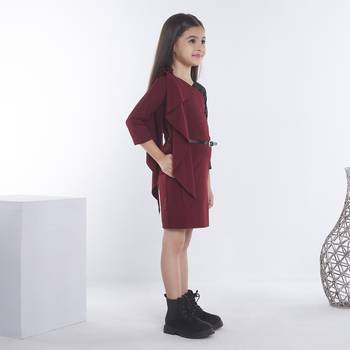 Maroon girls cotton bow sequined ruffled bodycon dress 2