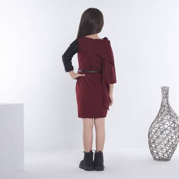Maroon girls cotton bow sequined ruffled bodycon dress 3