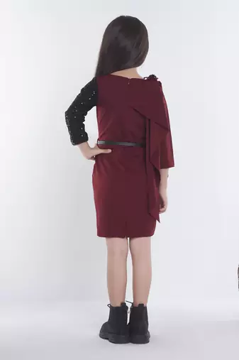 Maroon girls cotton bow sequined ruffled bodycon dress