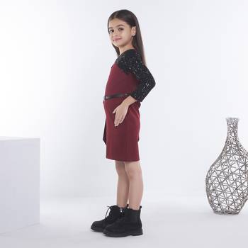 Maroon girls cotton bow sequined ruffled bodycon dress 4