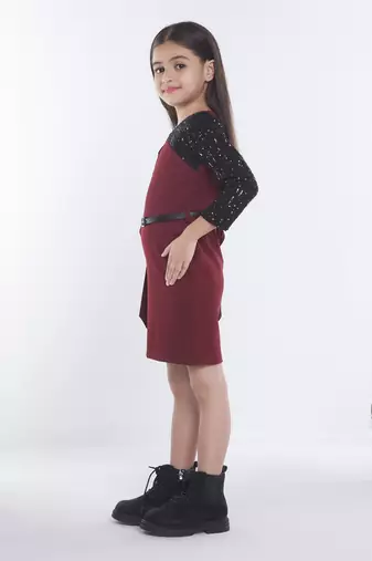 Maroon girls cotton bow sequined ruffled bodycon dress