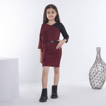 Maroon girls cotton bow sequined ruffled bodycon dress 5