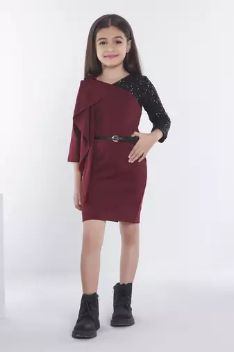 Maroon girls cotton bow sequined ruffled bodycon dress