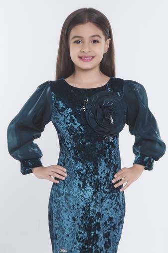 Teal girls velvet bow sequined ruffled bodycon dress