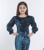 Teal girls velvet bow sequined ruffled bodycon dress