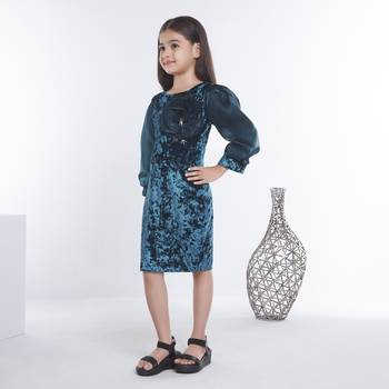 Teal girls velvet bow sequined ruffled bodycon dress 2
