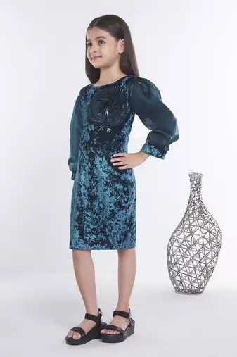 Teal girls velvet bow sequined ruffled bodycon dress