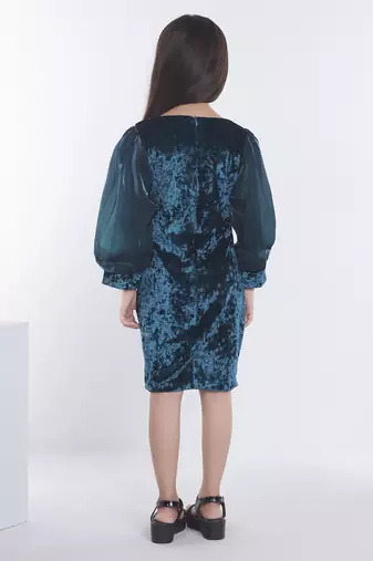 Teal girls velvet bow sequined ruffled bodycon dress