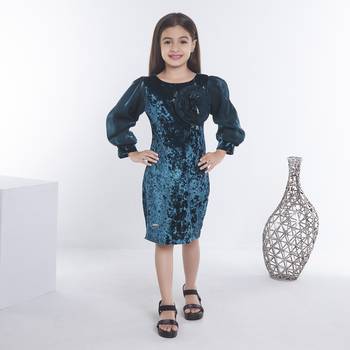 Teal girls velvet bow sequined ruffled bodycon dress 4