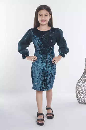 Teal girls velvet bow sequined ruffled bodycon dress