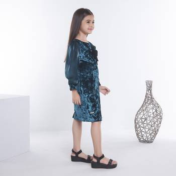 Teal girls velvet bow sequined ruffled bodycon dress 5
