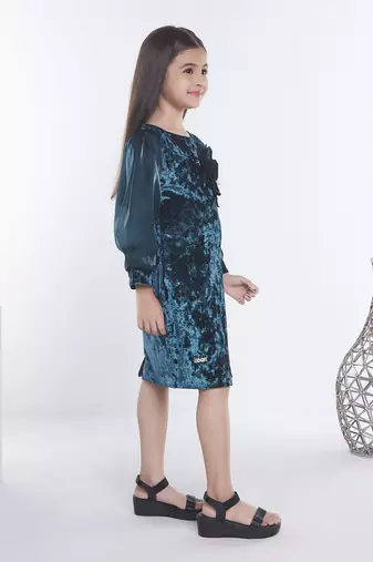Teal girls velvet bow sequined ruffled bodycon dress
