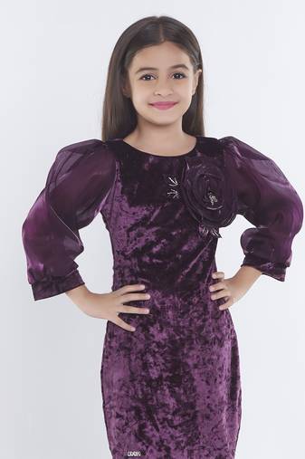 Wine girls velvet bow sequined ruffled bodycon dress