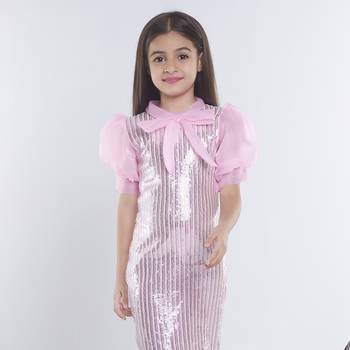 Baby pink girls georgette striped embellished midi dress 1