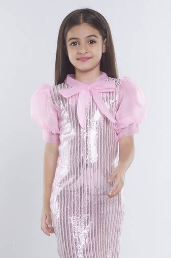 Baby pink girls georgette striped embellished midi dress