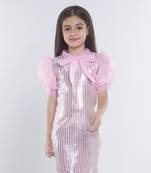 Baby pink girls georgette striped embellished midi dress