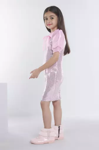 Baby pink girls georgette striped embellished midi dress