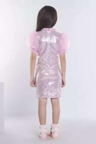 Baby pink girls georgette striped embellished midi dress