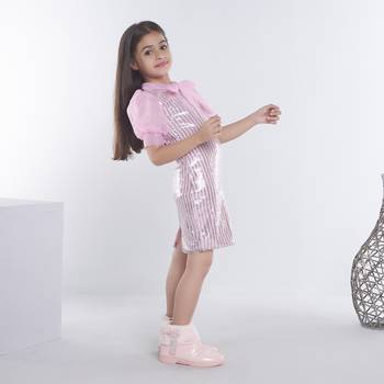 Baby pink girls georgette striped embellished midi dress 4