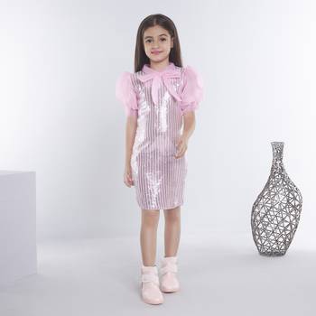 Baby pink girls georgette striped embellished midi dress 5