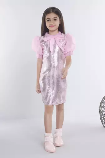 Baby pink girls georgette striped embellished midi dress