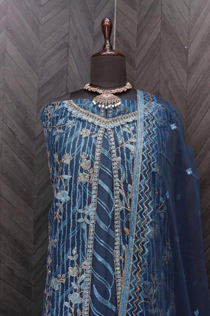 Teal Embroidered Butterfly Net Ethnic Suit