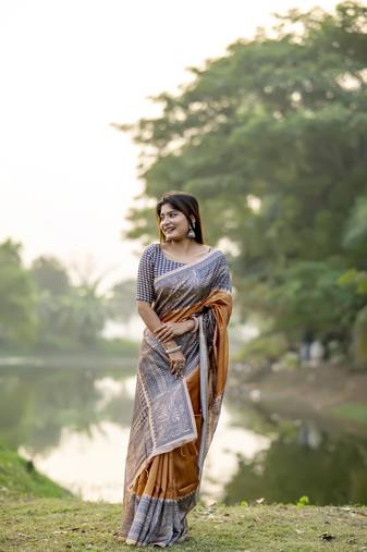 mustard Madhubani printed design Saree