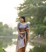 mustard Madhubani printed design Saree