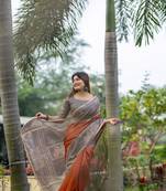 orange Madhubani printed design Saree