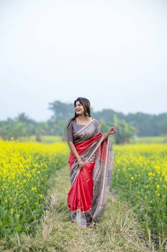 Red Madhubani printed design Saree
